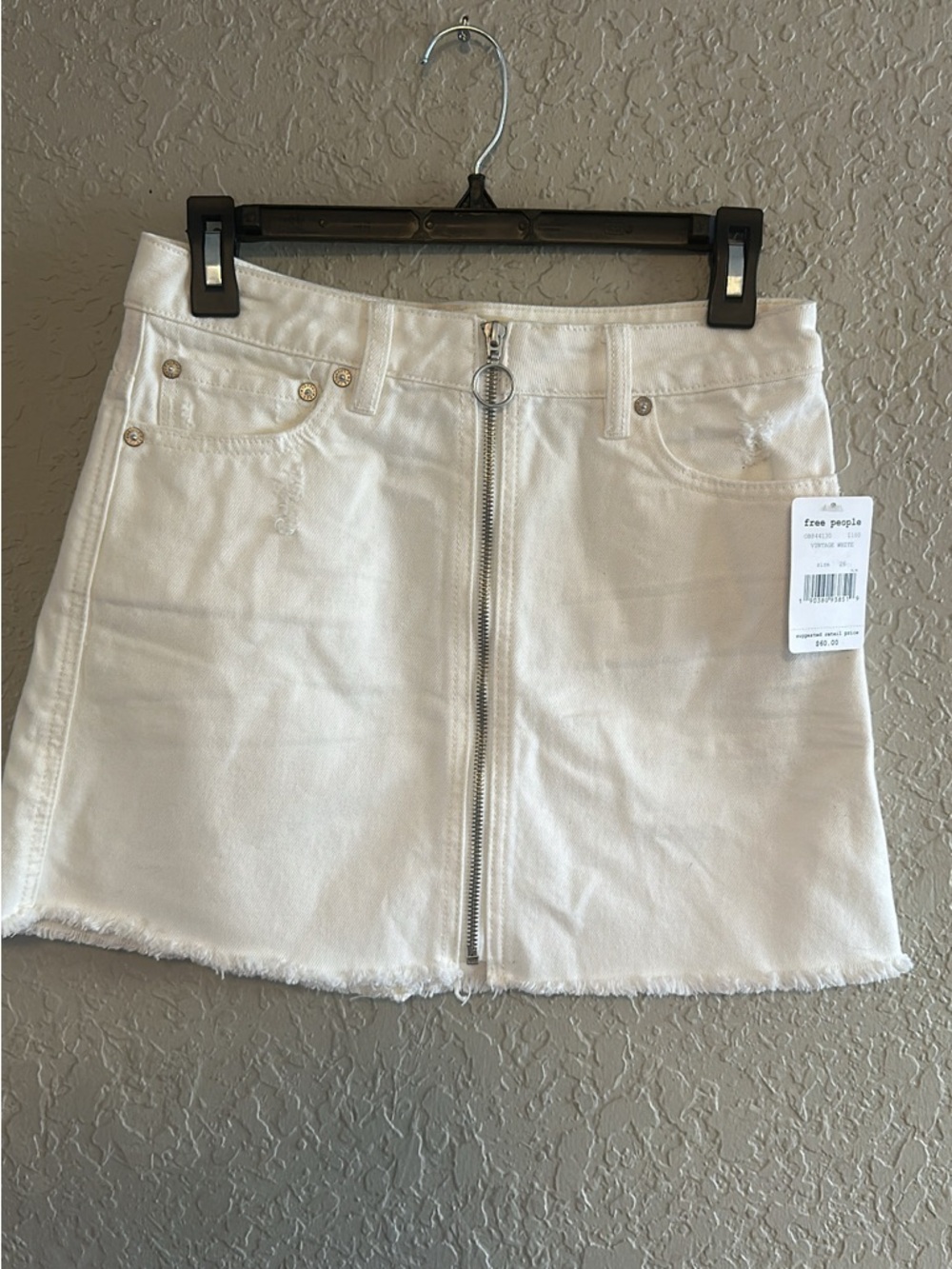 Free People Cream Front-Zip Denim Mini Skirt